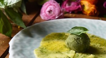 Pineapple Carpaccio, with basil syrup and sorbet